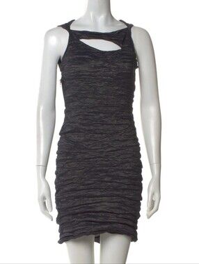 Yigal Azrouel Midnight Navy Blue Textured Dress Gold Zipper Detail Boat Neck